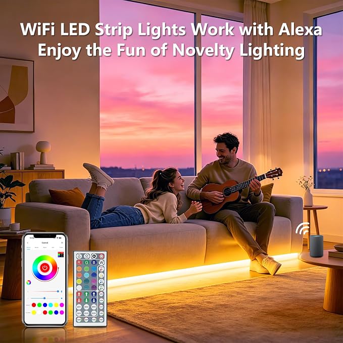 FONEWE Smart WiFi LED Lights 50 ft Remote Control Through APP Led Strip Lights Supports Alexa and Google Assistant Timing Function RGB Color Changing LED Lights for Bedroom and Party