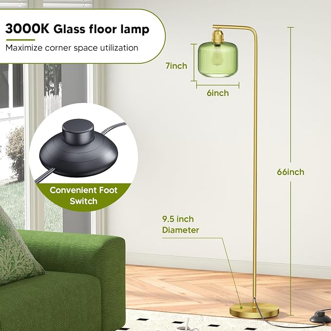 66" Gold Floor Lamp,Standing Lamp with Green Ribbed Glass for Living Room | Vintage Floor Lamp with Brushed Gold Finish,Pedal Switch and 3000K LED Bulb, Arc Floor Lamps for Bedroom & Study Room