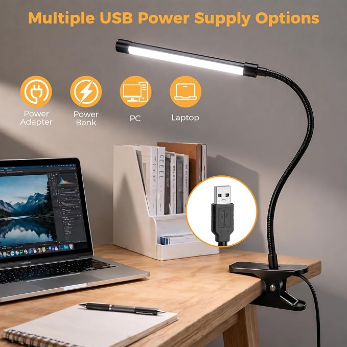 Clip on Reading Light for Books in Bed: Adjustable Dimmable Gooseneck Eye Caring LED Small Desk Table Lamps with Clamp: 3 Modes Lighting Night Lamp for Bed Headboard - Bedside（with Power Adapter）