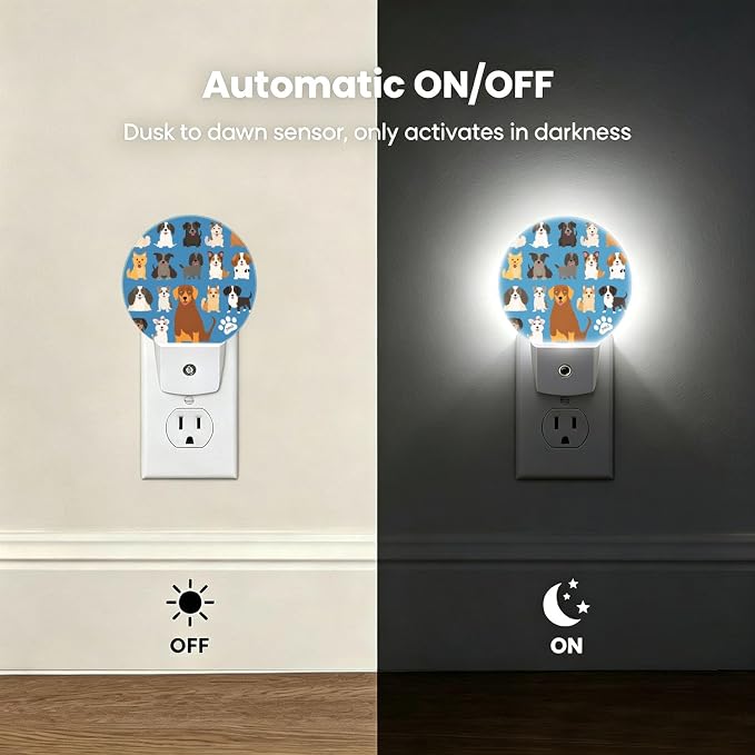 Nightlight Colorful Dogs Night Lights Plug Into Wall Auto Sensor | Cute Cartoon Night Light Auto Led Sleep Round Lamp for Living Room Hallway Stairs