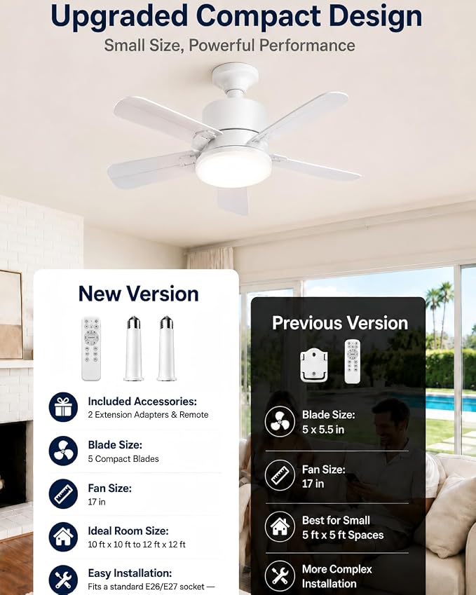 Ceiling Fan with Light, 17'' Flush Mount Low Profile Fan for Bedroom &Patio | Quiet Reversible DC Motor, 6-Speed, 3-Color Temp Dimmable LED Light with Remote & Timer, Indoor Small Ceiling Fan White