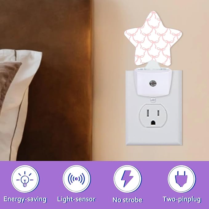Pink Bow Night Lights Plug Into Wall,Girls Princess Dusk to Dawn Light Sensor Night Light for Kids, Energy Efficient Sleep Friendly Lamp for Bedroom Bathroom Nursery