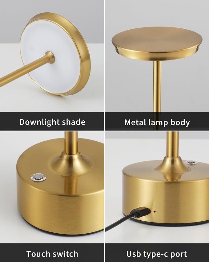PUSU Rechargeable Table Lamps Set of 2, Gold Cordless Portable Desk Lamp | 4000mAh Battery, Stepless Dimming & 3 Color 2700K-6000K, LED Lamp for Bedroom, Living Room, Restaurant, Outdoor, Night Light