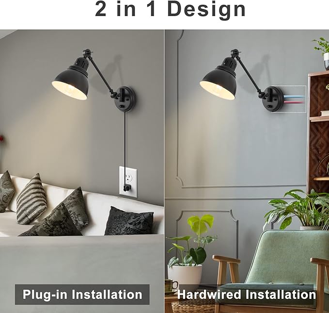 Plug in Wall Sconces Set of Two with Remote, Stepless Dimming & Stepless Colors 2700K-6500K, Swing Arm Wall Lamp, Plug in Wall Light with Night Light & Timer, Hardwired or Plug-in, LED Bulbs Included
