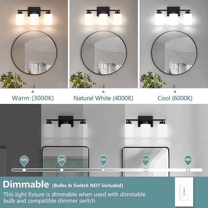 Black Bathroom Light Fixtures Vanity Lighting Over Mirror | 3-Light Modern Wall Sconces with Milky White Frosted Glass Shades for Restroom (E26 Socket)
