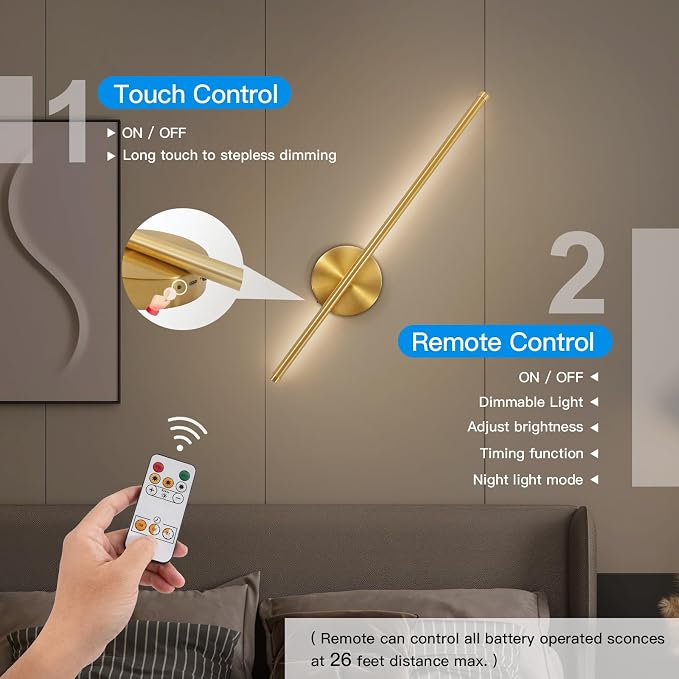 TBattery Operated Wall Sconces Set of Two, Wireless Wall Sconces 24 Inch | Rechargeable, Remote Control, Dimmable, 360°Rotate, Cordless Wall Light Decor for Living Room, Hallway, Timing, Gold
