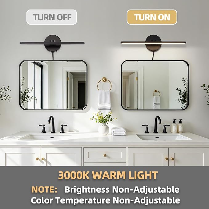 16" Plug in Bathroom Light Fixtures,Vanity Lights Bar,Picture Light | Modern Black,Non-Dimmable,3000K,with Switch,Indoor,Piano lamp,LED,Over Mirror,Wall Lights,for Bedroom/Art/Poster/Cabinet
