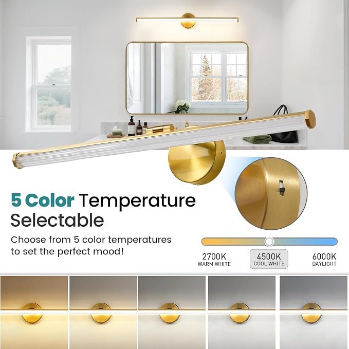 KAISITE Bathroom Lighting Fixture Over Mirror - 30 Inch Gold Vanity Light 24W 5CCT Dimmable Modern LED Vanity Light Fixture Rotatable Bath Vanity Light Bar for Bathroom