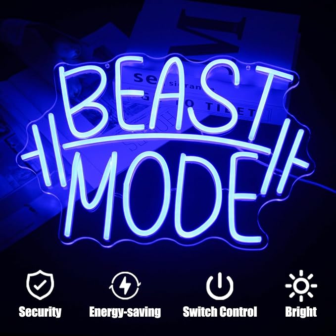 Beast Mode Neon Sign Blue Letter Neon Gym Signs Motivational Wall Art Gym Decor Barbell LED Neon Lights Signs Dumbbell Neon Light for Bedroom Gym Sports Room Man Cave Decor
