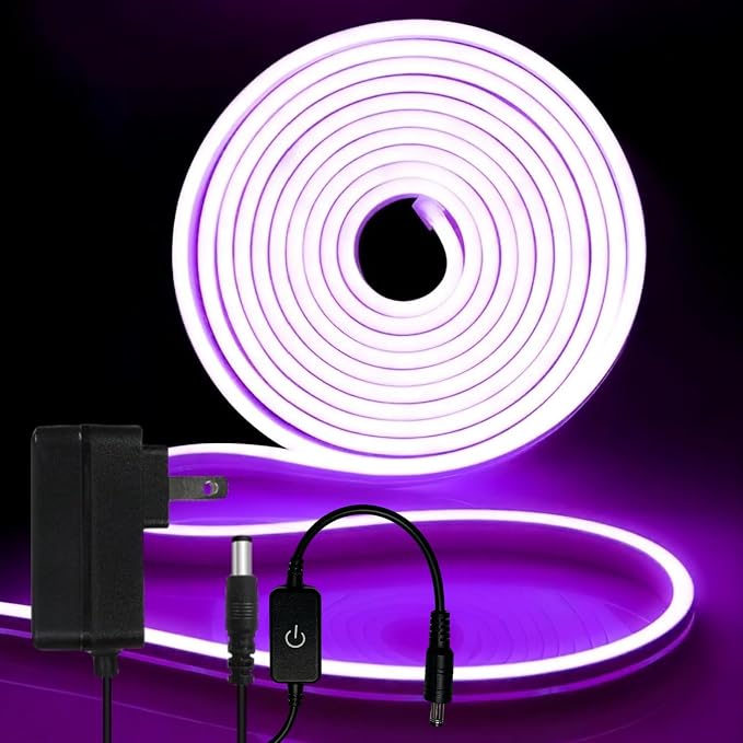 iNextStation Purple LED Light Strip 16.4FT LED Rope Light (with DC12V Plug) | IP65 Waterproof Flexible Silicone Neon LED Lights with Dimmer, 0.98Inch Cuttable LED Lights Strip for DIY, Home, Party Decor