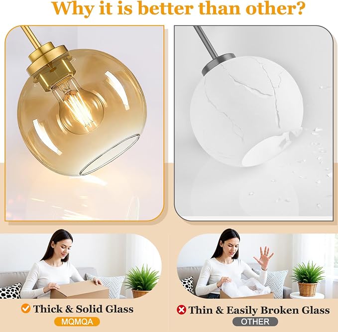 MQMQA 2 Pack Gold Globe Pendant Lights, Mid Century Gold Pendant Light Fixtures, Amber Glass Pendant Lights Kitchen Island Adjustable Hanging Fixture for Dining Room (Bulbs not Included)