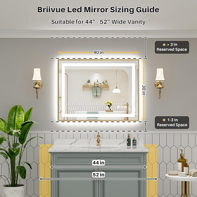 40x30 Inch LED Bathroom Mirror with Gold Frame, Backlit & Front Lit | Anti-fog, 3 Color Dimmable, Memory Function, HD Reflection Tempered Glass, ETL Listed, IP54 Waterproof