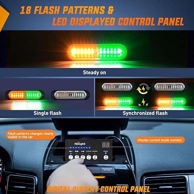 Nilight 8PCS Led Strobe Lights with Controller 12V 24V Sync Feature Amber Green Strobe Light 12 LED Surface Mount Emergency Hazard Warning Lights with Strobe Controller for Vehicle Car Truck RV ATV