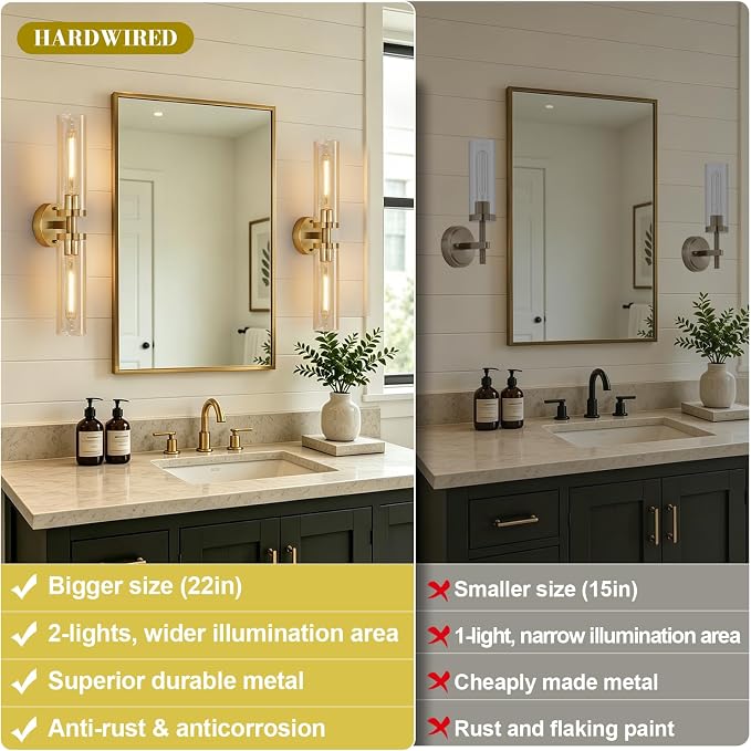 Indoi Wall Sconces Set of Two, Hardwired Brushed Gold Bathroom Sconces Wall Lighting with Amber Glass, Modern Sconces Wall Decor Set of 2 Vanity Light fixtures for Bathroom Mirror Bedroom
