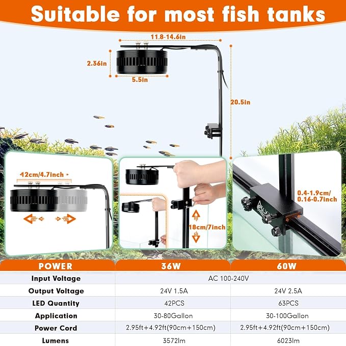 AQQA Clip-On Aquarium Light, Full Spectrum LED Fish Tank Stream Light | with 3 Modes (White/RGB/Full Spectrum), Timer & 6 Brightness Levels, Adjustable Clamp for Freshwater Plants Fish Tanks