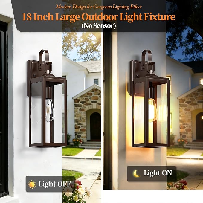 18'' Large Outdoor Wall Lights 2 Packs, Brown Exterior Lighting Fixtures | Waterproof Modern Outdoor Sconces Porch Light for House Wall Mount, Farmhouse Wall Lanterns for Front Door, Garage