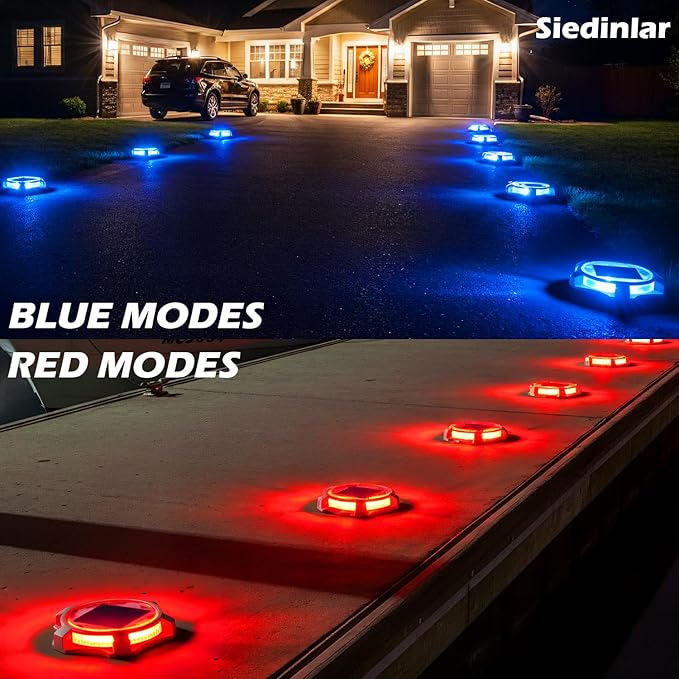 SIEDiNLAR Solar Deck Lights Outdoor 2 Modes LED Driveway Markers Dock Light Waterproof for Step Walkway Ground Stair Pathway Yard Road Garden 8 Pack (Blue/Red)