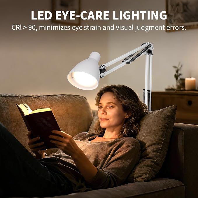 Swing Arm Desk Lamp with Clamp, Adjustable Arm LED Clamp on Desk Lamps with 5 Color Modes and 10 Brightness for Home Office Reading Drafting Study (White)