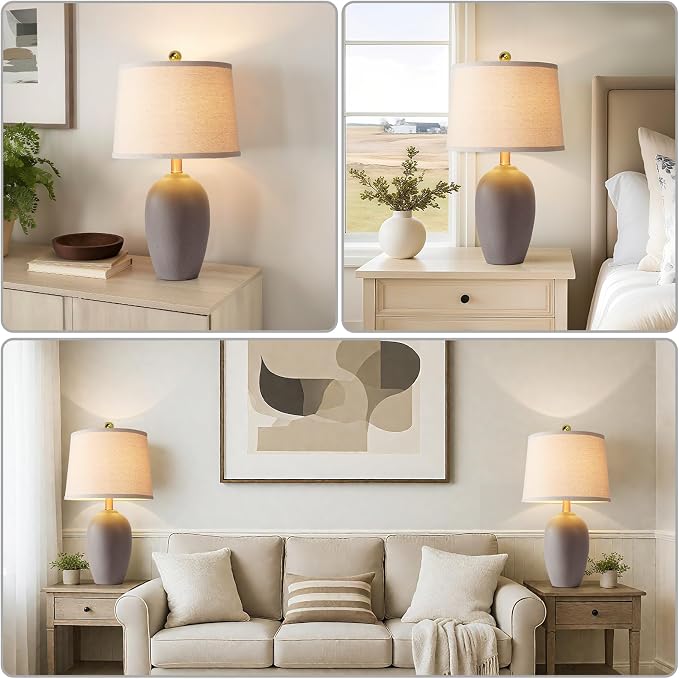 AIEAMPDO 21'' Set of 2 Farmhouse Ceramic Small Table Lamps for Living Room Bedroom, Nightstand Rustic Brown Desk Lamp for Bedside End Table Entryway, 2 LED Bulbs Included