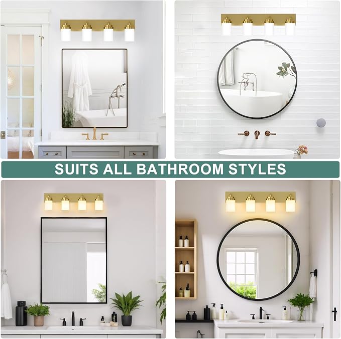 IZORRO Bathroom Vanity Light Fixture, 4-Light 30 Inch Gold Bathroom Light Fixtures Over Mirror, with White Glass Shade, Modern Farmhouse Vanity Lights, Rustic Restroom Lighting Fixtures