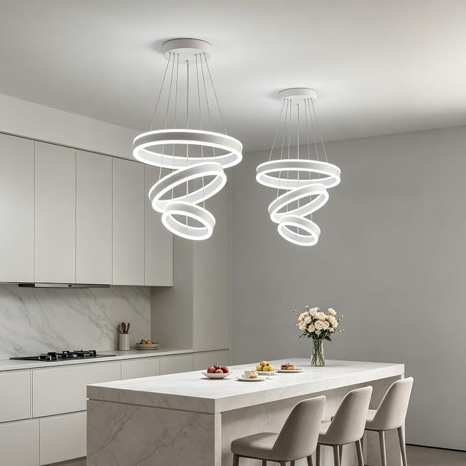 O'NEELDY Modern LED Chandeliers Adjustable Hanging White Pendant Light Fixture 3 Ring Flush Mount Chandeliers for Bedroom,Kitchen,Island Cafe