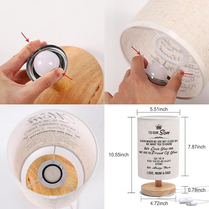 WSYEAR Gifts for Son from Mom Dad- Fabric Wooden Desk Lamp for Reading Bedroom Living Room for Son Adult Graduation Season Gifts, Birthday Gifts, Back to School Gifts