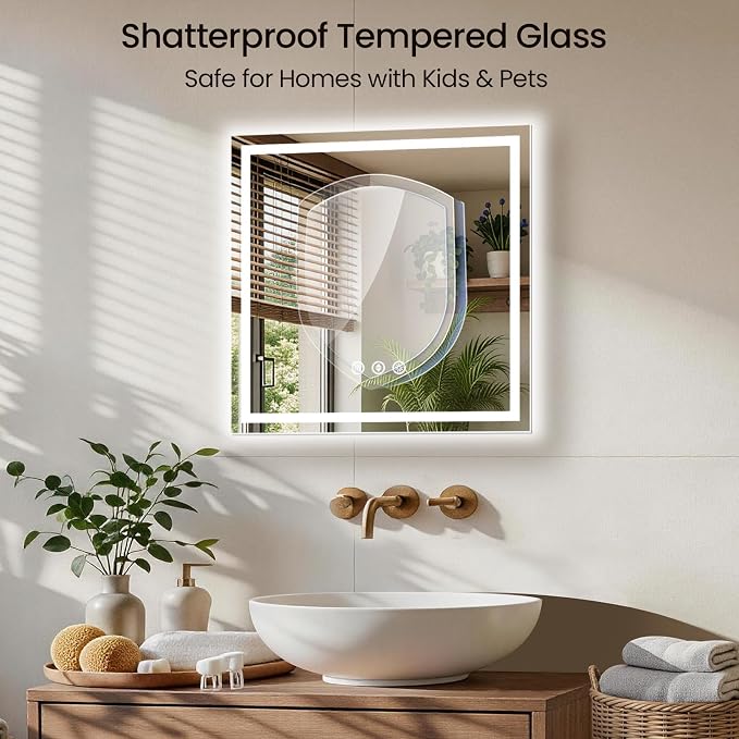 30x30 LED Bathroom Mirror with Anti-Fog, Backlit & Front Lit, Memory | Stepless Dimmable 3 Color CRI 95+ Shatterproof Tempered Glass ETL Listed for Safety Lighted Bathroom Vanity Mirror for Wall