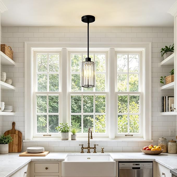 5.1" Mini Modern Black Crystal Kitchen Island Pendant Lights 3 Pack | Small Crystal Glass Shade, Sparkling Crystal Reflections, Customizable Hanging Height, Fits Most Ceilings, Matte Black Finish
