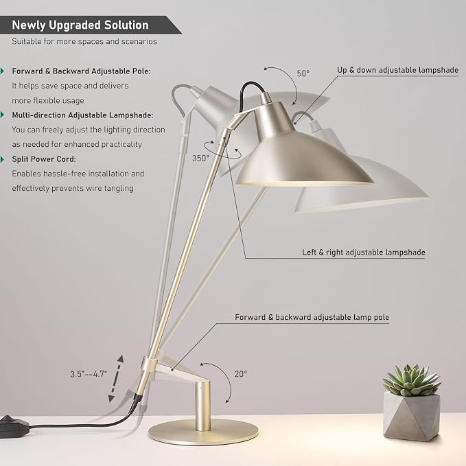 Desk Lamp Modern Industrial 100% Metal Adjustable Table Lamp 24", Natural Light (4000K) with Dimmer, Ideal for Office Bedroom Study Room Living Room Nightstand Bedside Lamps Nickel