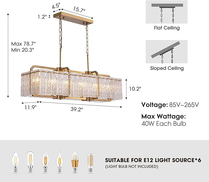 CROSSIO Gold Crystal Rectangle Chandelier, 40inch Large Rectangular Water Ripple Glass Island Light Fixture, Elegant Linear Lighting for Kitchen Island, Living Room