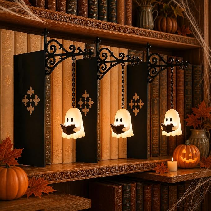 Library Lantern-Decorative Bookshelf Lighting, Reading Nook LED Nightlight, Metal Bookcase Lamps, Vintage Table Desk Luminaires, Studious Home Room Ornament (B-3Pcs)