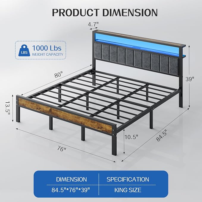 Liians King Size Bed Frame with LED Lights, Upholstered Headboard | Platform Bed with 2-Tier Storage Shelves, Charging Station, Noise Free, No Box Spring Needed, Easy Assemably