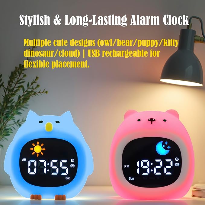 Dinosaur Cartoon Ok to Wake Alarm Clock, White Noise Tap Night Light | 6 White Noise Sounds, 8 Light Modes, Dual Alarm & Snooze, Dimmable LED, Type-C Rechargeable, 12/24 Hour Display