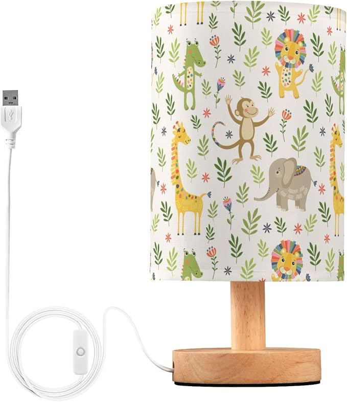 Jungle Animal Pattern Table Lamp with Wood Base and Fabric Shade for Living Room, Bedroom or Kids Room