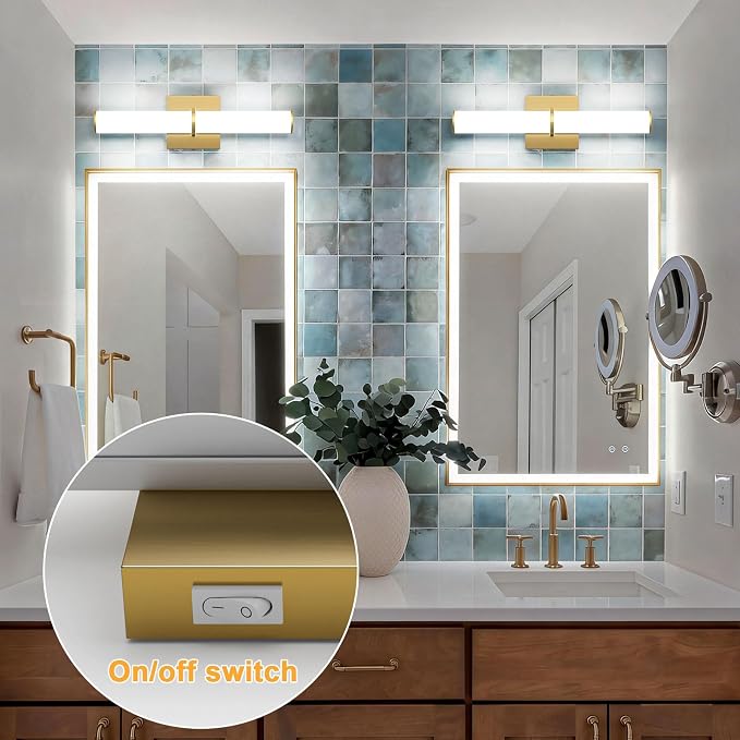 17.3Inch Modern Vanity Light Fixture with Switch, 12W 5000K Led Bathroom Light Fixture Over Mirror, Hardwired, 1200LM Gold Vanity Light Bar for Mirror Bedroom Hallway Living Room