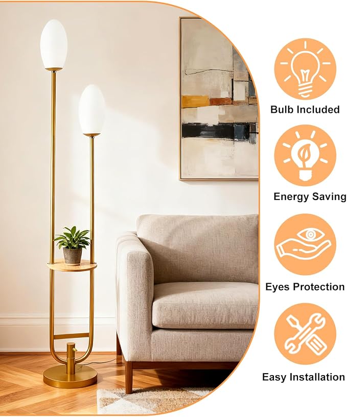 Lightdot Gold Dimmable Floor Lamp with Oval Bulbs Included Unique Tall Standing Lamps with Table Mid Century Modern Floor Lamp with 5Lbs Heavy Base for Living Room/Party/Sofa Beside/Corner Decor