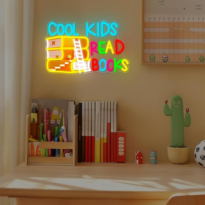 Cool Kids Read Books Neon Sign Printed Read Books Neon Light for Wall Decor | USB Dimmable Cool Kids LED Neon Signs for Classroom Reading Room Bookstore Library Bedroom Study Room Bookish Decoration