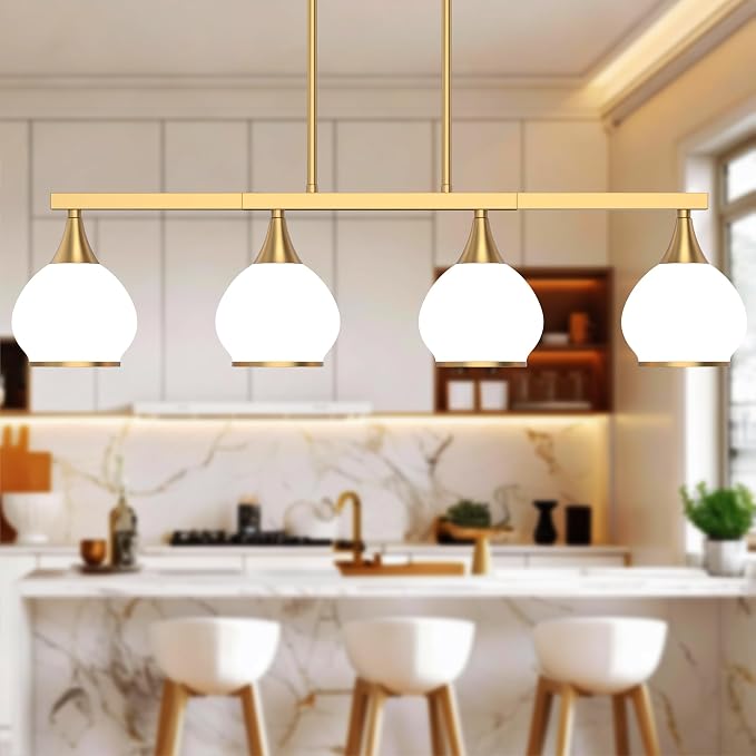 Kitchen Island Linear Pendant Light, 4-Light Gold Dining Room Chandelier with White Glass Globe Shades, Modern Linear Lighting Fixture Over Table