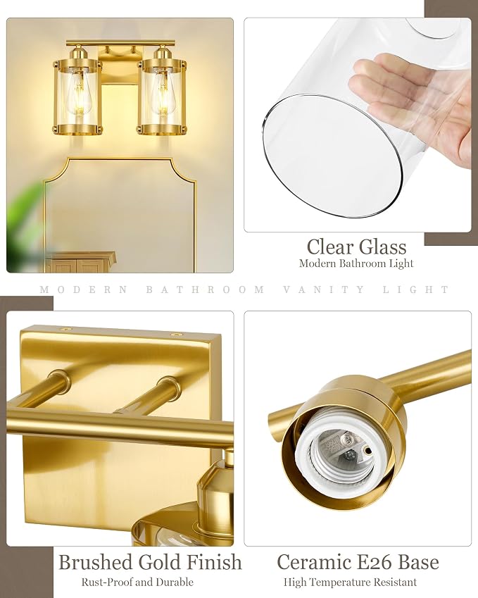 2-Light Brushed Gold Bathroom Light Fixtures, 13.8 Inch Modern Bathroom Vanity Lighting Fixtures Over Mirror with Clear Glass and Metal Cage Wall Sconce Lights for Bath, E26, OS-3014BG-2W