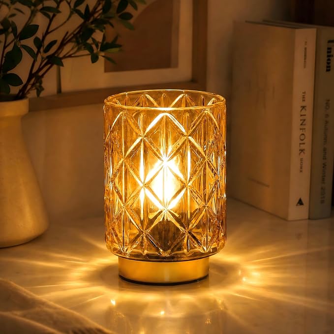 ULAROOM Battery Operated Table Lamp with Timer for Bookshelf/Bedside,Cordless Small Cozy Ambience Decorative Glass Lamps for Nightstand/Dorm/Office Cubicle/Desk/Counter Table Decor(Golden)