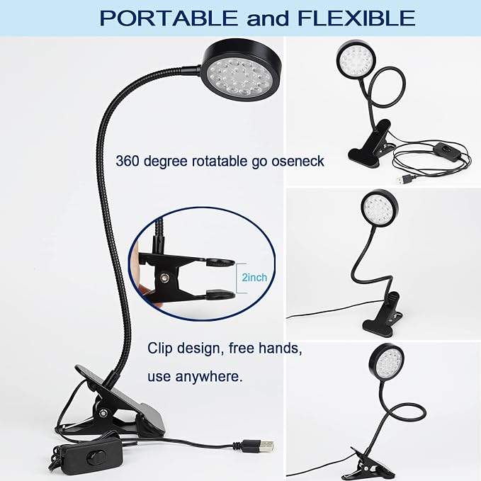 UV LED Black Light Clamp Light with USB, Upgraded 5W 395nm Portable Gooseneck Lamp with Clip for Gel Nail, Pet Urine Detection, UV Glue Curing, Blacklight Posters, Fluorescent Paint, Resin Art
