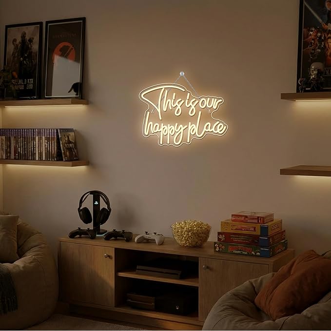 NOSUN This is Our Happy Place Neon Sign Happy Place Neon Signs for Wall Decor Dimmable Warm White LED Signs for Bedroom Classroom Man Cave Home Bar Birthday Party Game Zone Decor Neon Classroom Sign