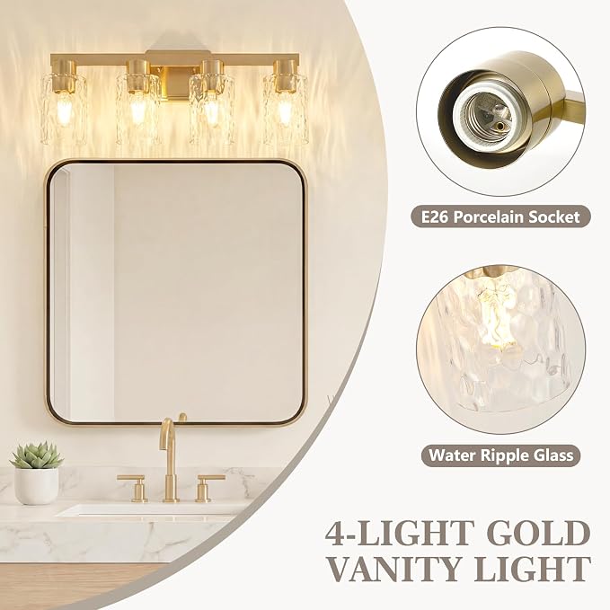 4-Light Bathroom Light Fixtures with Water Ripple Glass, Gold | Vanity Lights, Modern Wall Sconces, Over Mirror for Bathroom, Powder Room, Living Room
