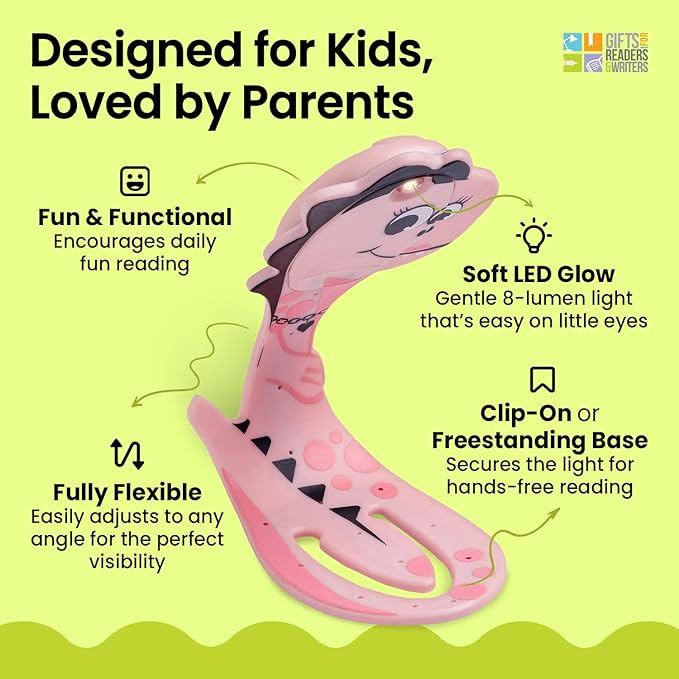 Gifts for Readers & Writers Book Light for Kids, Clip On Reading Light for Bed, 2in1 Flexilight Pals & Bookmark, Small & Lightweight with a Soft Glow, 2 Batteries Included, Dino Pink