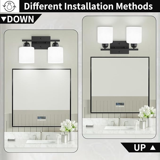 Bath Vanity Lights for Mirror, Restroom Lights Fixtures with Milky White Frosted Glass Shades,Bathroom Over Sink Light Fixtures (Black & Milky White Glass, 2-Light)