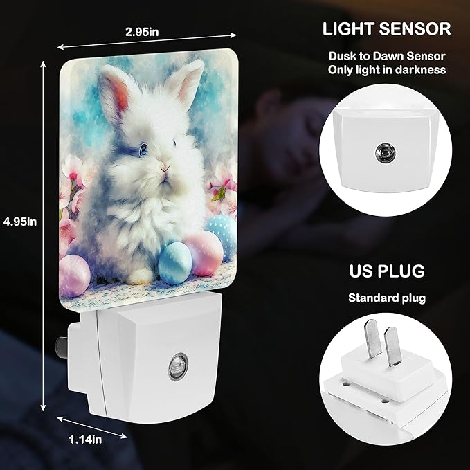 LED Night Light Lamp with Smart Sensor Dusk to Dawn Sensor,White Easter Bunny Sit Among Easter Eggs Surround by Pink Cherry Blossoms Night Light Daylight White,0.5W Plug-into Wall for Adults