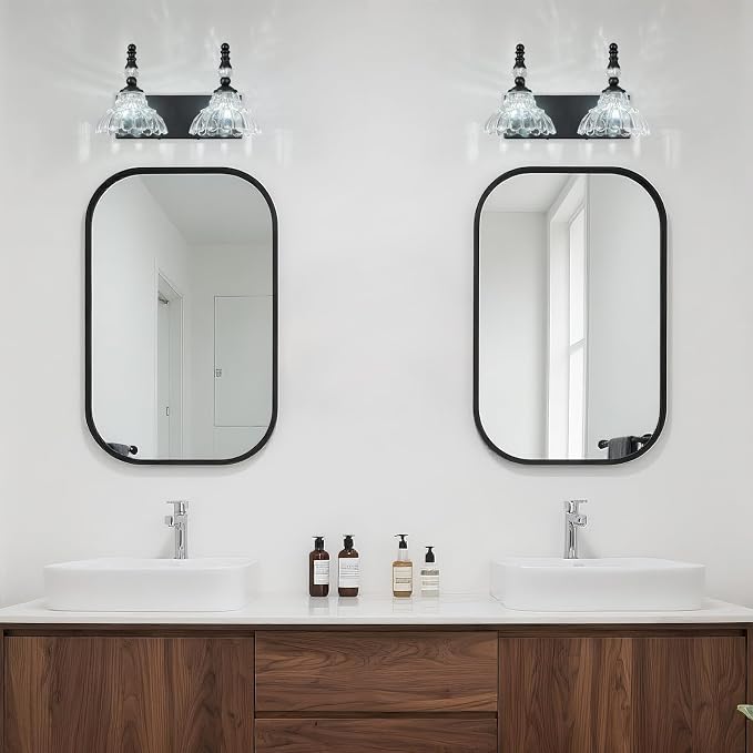 Vintage Bathroom Vanity Light, 2-Light Black Vanity Lighting Fixture with Flower Glass Shade, Bathroom Lighting Fixtures Over Mirror