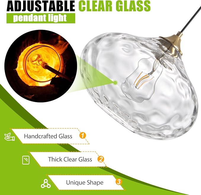 11in Gold Pendant Lights Kitchen Island with Hammered Clear Glass Shade 1PC | Handcrafted Glass Pendant Light Fixtures, UL Certified, E26 Base 100W Max, Height-Adjustable, Dimmable Hanging Pendant Light