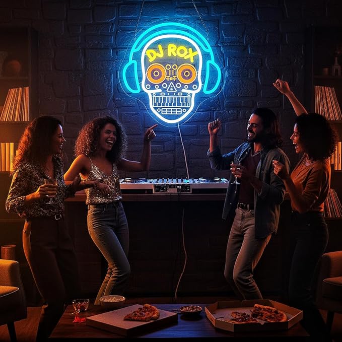 DJ Neon Sign for Wall Decor Dimmable DJ Skull Neon Light for Man Cave Birthday Gifts for Music Fans LED Music Sign for Record Room Studio Dancing Hall Mexican Bar Art 12.7 * 12.5In (WZCP224)