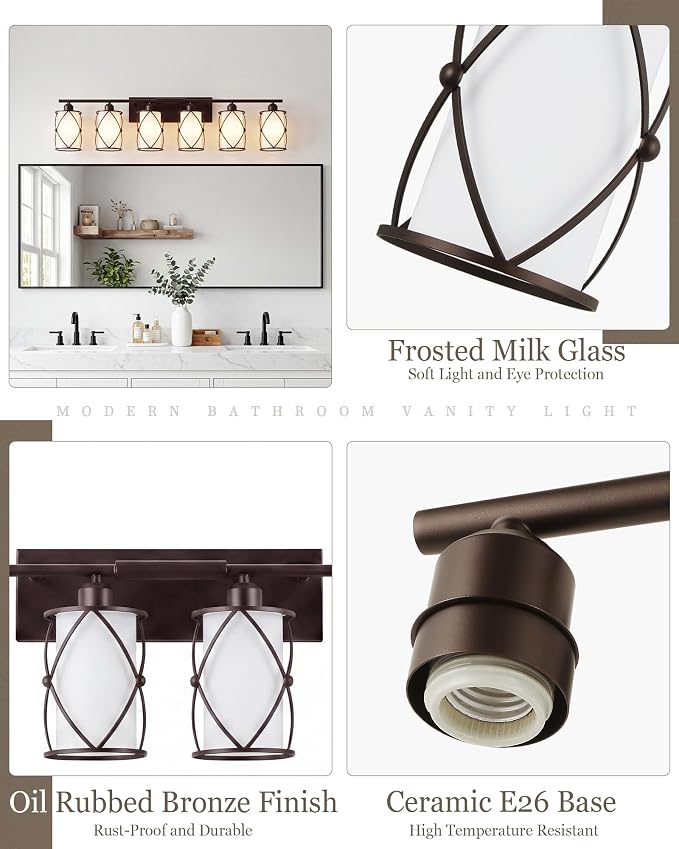 6-Light Oil Rubbed Bronze Bathroom Light Fixtures with Milk Frosted Glass, 42" Modern Bathroom Vanity Lighting Fixtures Over Mirror with Metal Cage, Wall Sconce Lights for Bath, CH9176ORBW-6W